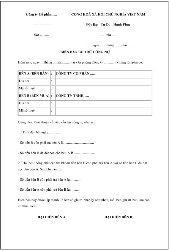 Mẫu Biên Bản Cấn Trừ Công Nợ Số 1